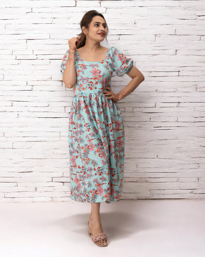 Sky Blue Floral Printed Polyster Maxi Dress