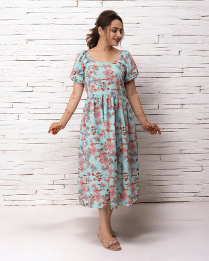 Sky Blue Floral Printed Polyster Maxi Dress