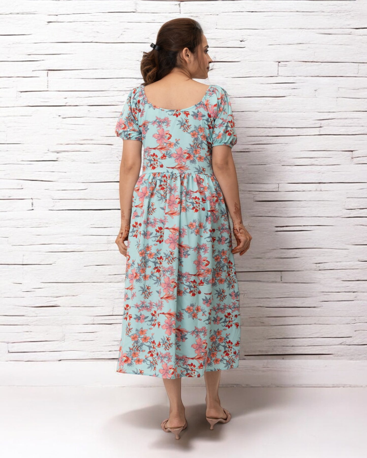 Sky Blue Floral Printed Polyster Maxi Dress