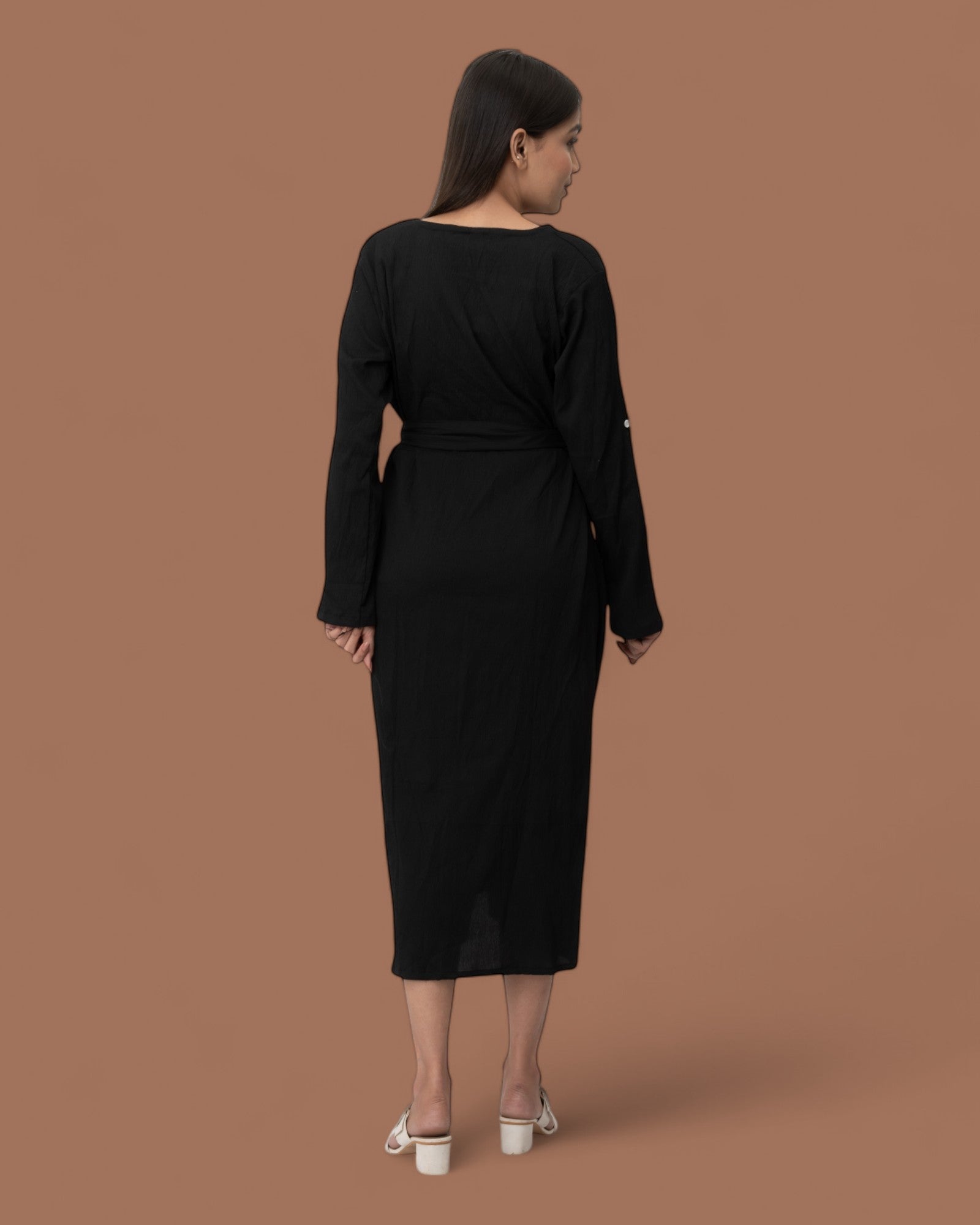 Black Ruffle Cute Belted Shirt Dress