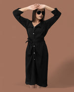 Black Ruffle Cute Belted Shirt Dress