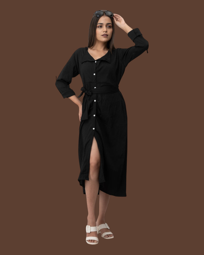 Black Ruffle Cute Belted Shirt Dress