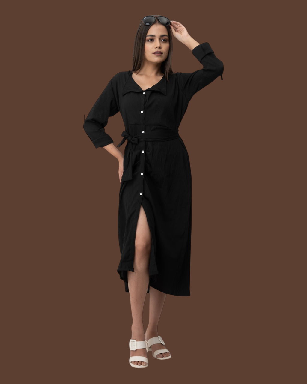 Black Ruffle Cute Belted Shirt Dress