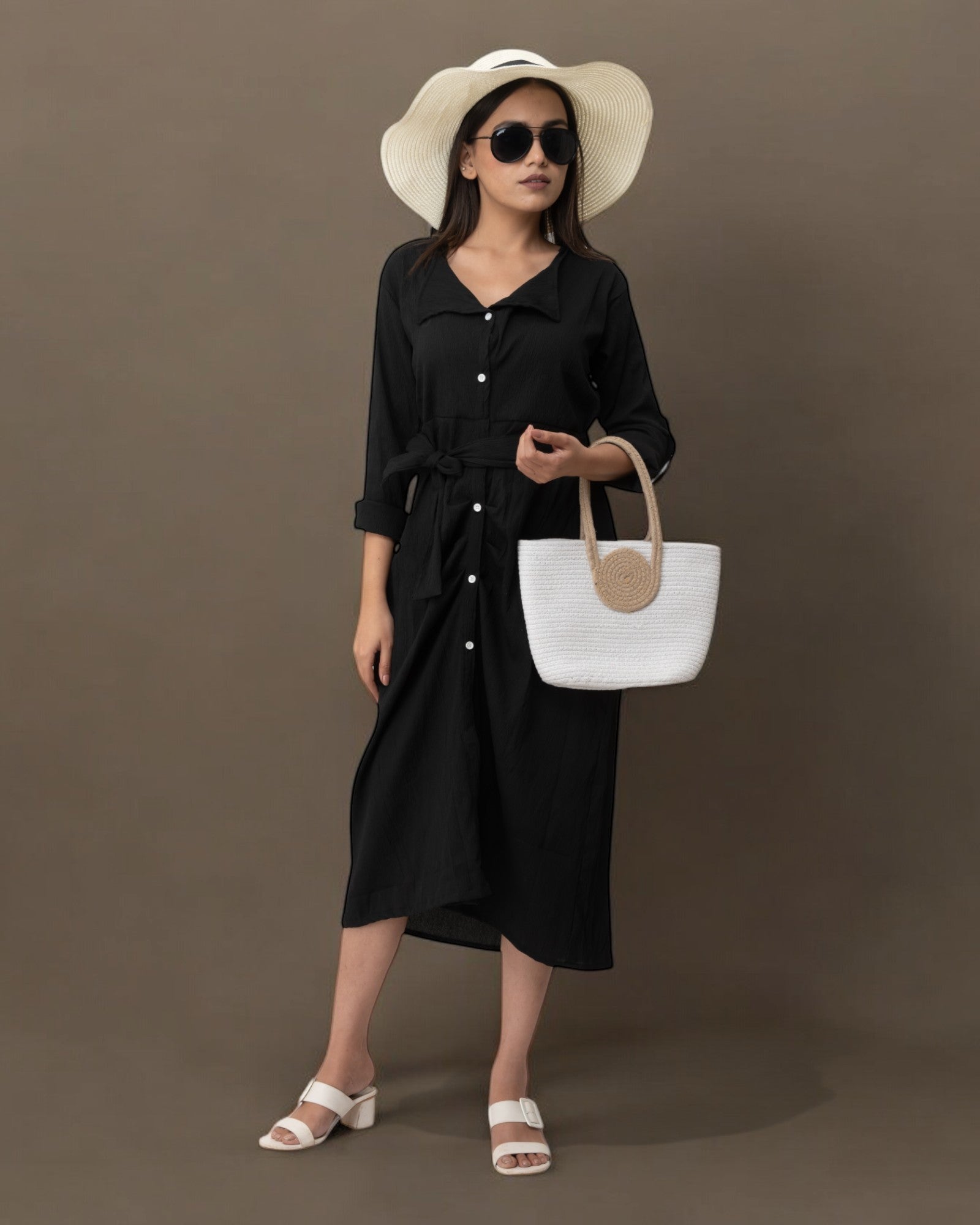Black Ruffle Cute Belted Shirt Dress