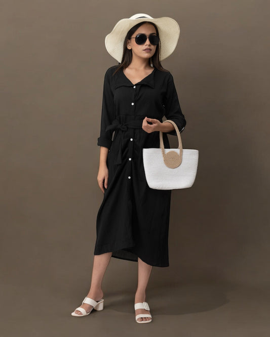 Black Ruffle Cute Belted Shirt Dress