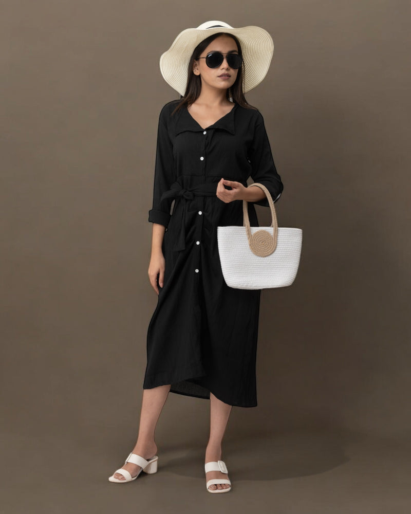 Black Ruffle Cute Belted Shirt Dress