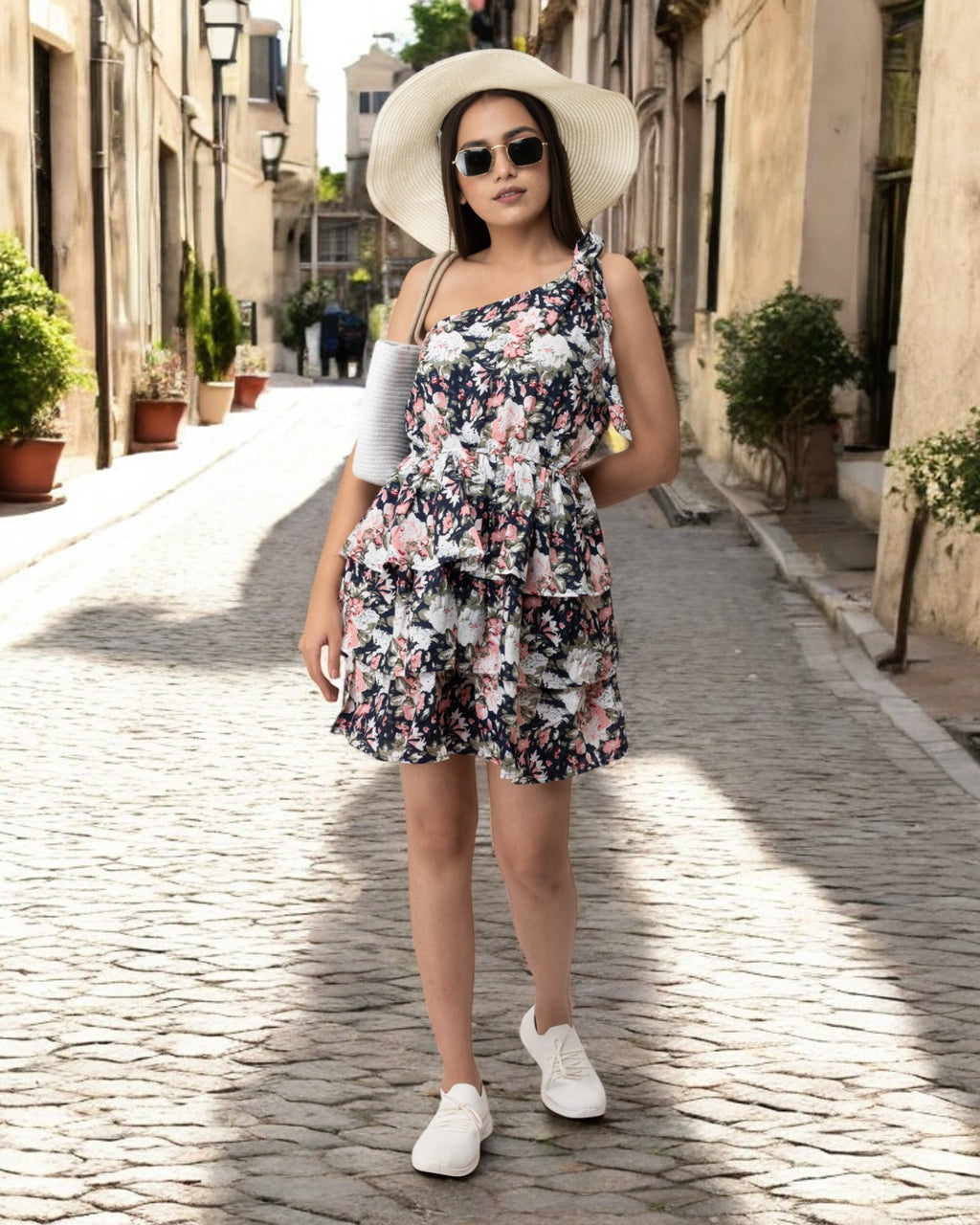 Off-Shoulder Purple Printed Mini Dress