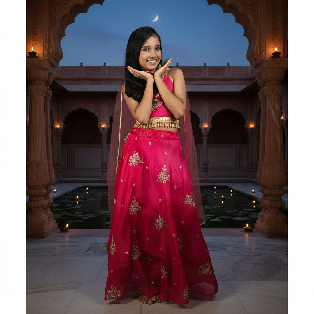 Girls Pink Embroidered Fendi Lehnga
