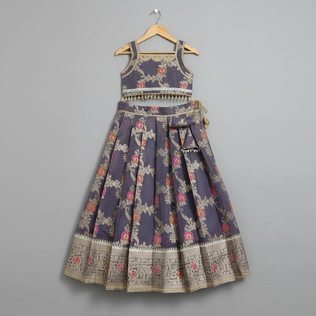 Girl Grey Banarsi Sleeveless Baby Lehnga