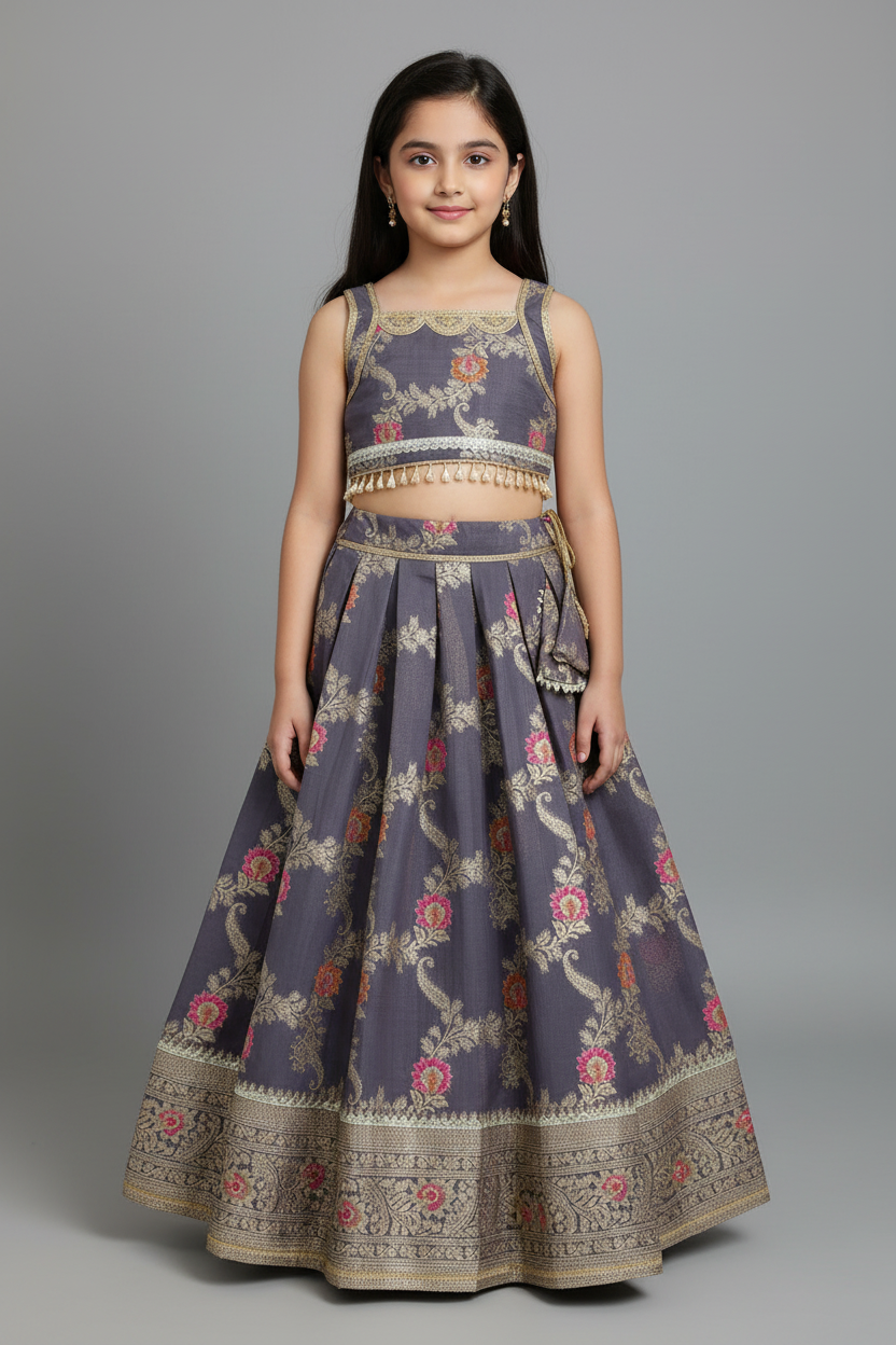 Girl Grey Banarsi Sleeveless Baby Lehnga