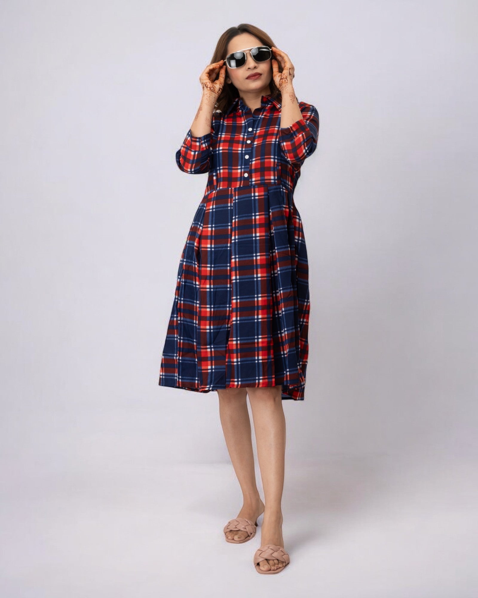 Red Checks Printed Polyester Midi Dress