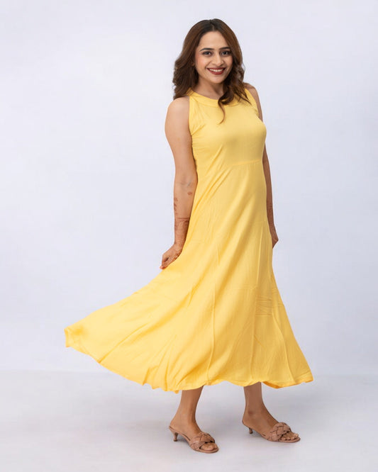 Yellow Plain Solid Rayon Long Maxi Dress