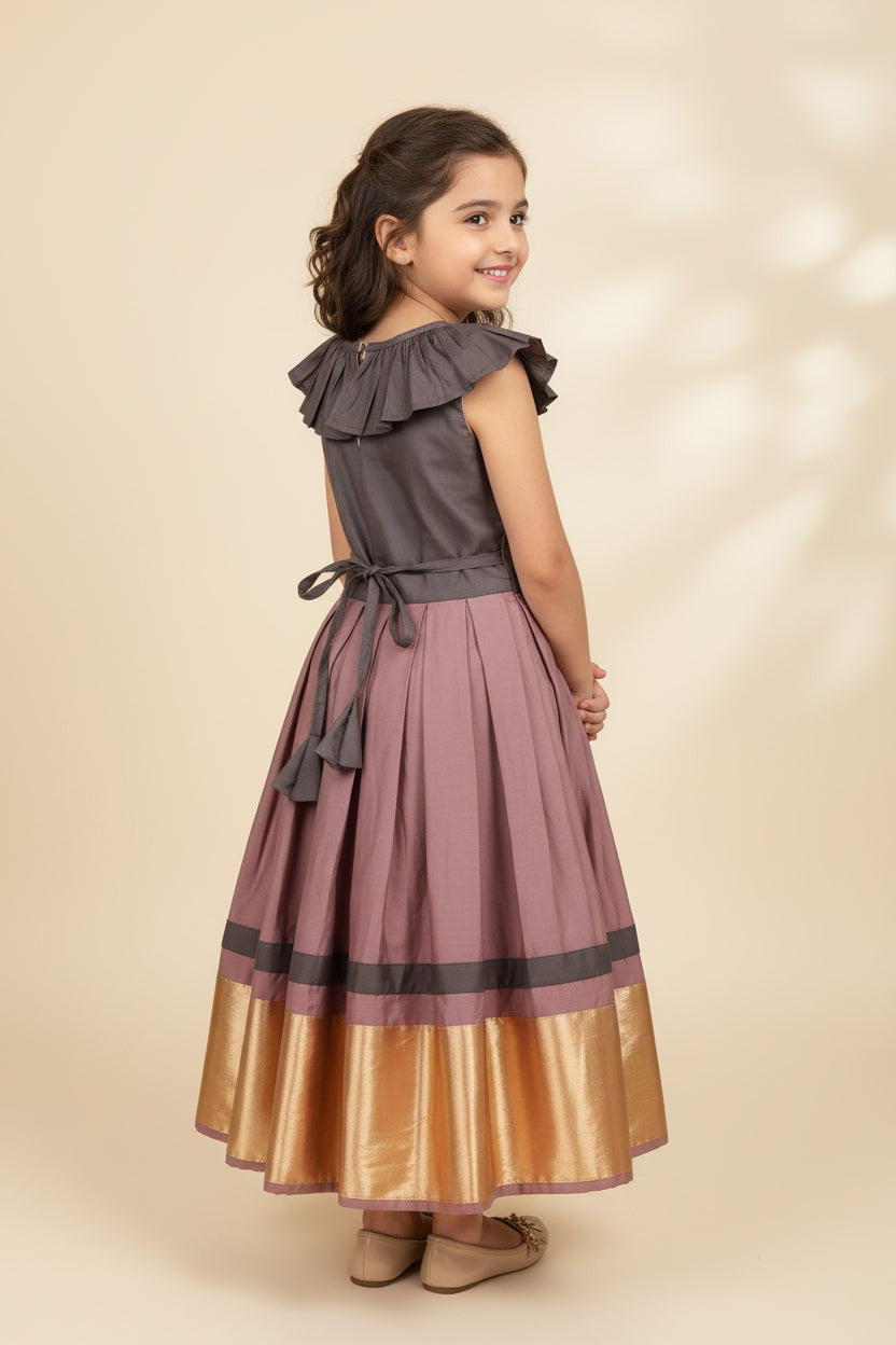 Girls Mauve & Brown Silk Lehenga Set with Cotton Top