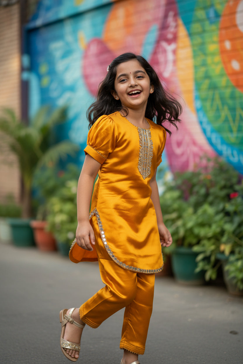 Orange traditional outfit with a top and pants on a gray background