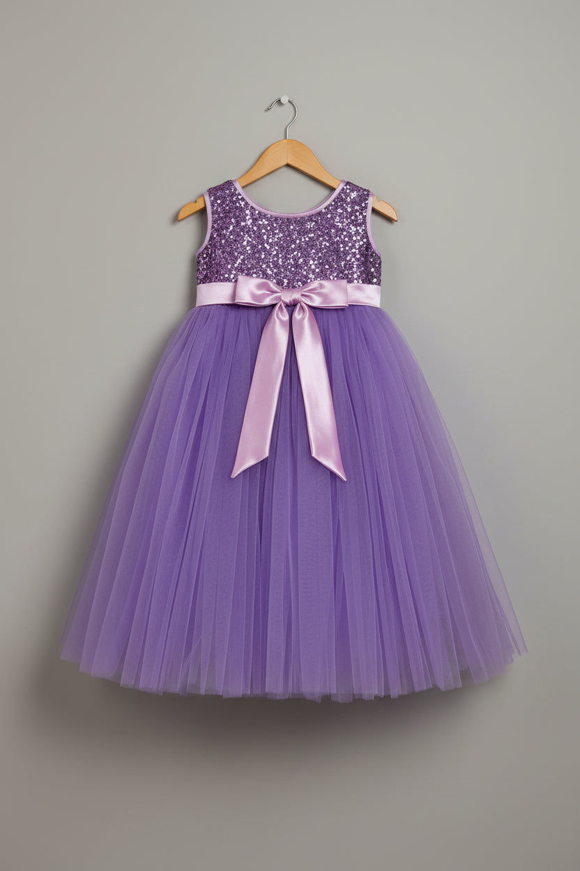 Purple dress with a pink ribbon on a textured
