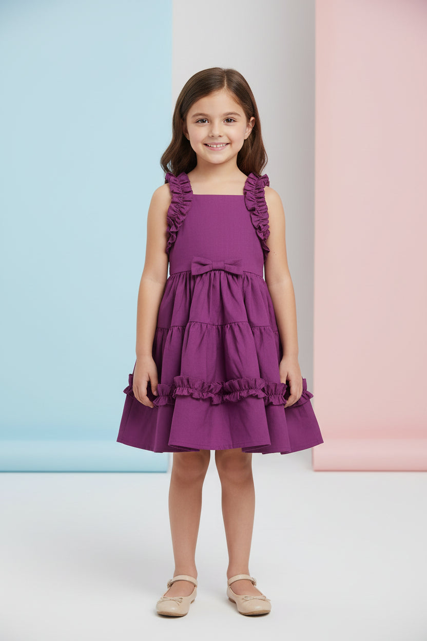 Purple dress with ruffles on a wooden hanger against a gray background