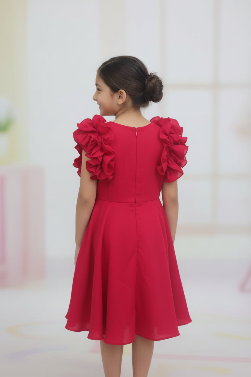 Red dress with floral details on a white surface