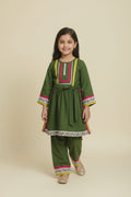 Traditional green outfit with intricate patterns on a white background