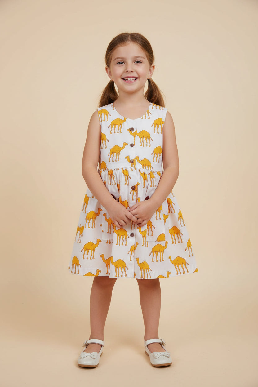 Girls White Camel Print Cotton Dress with Bow Detail