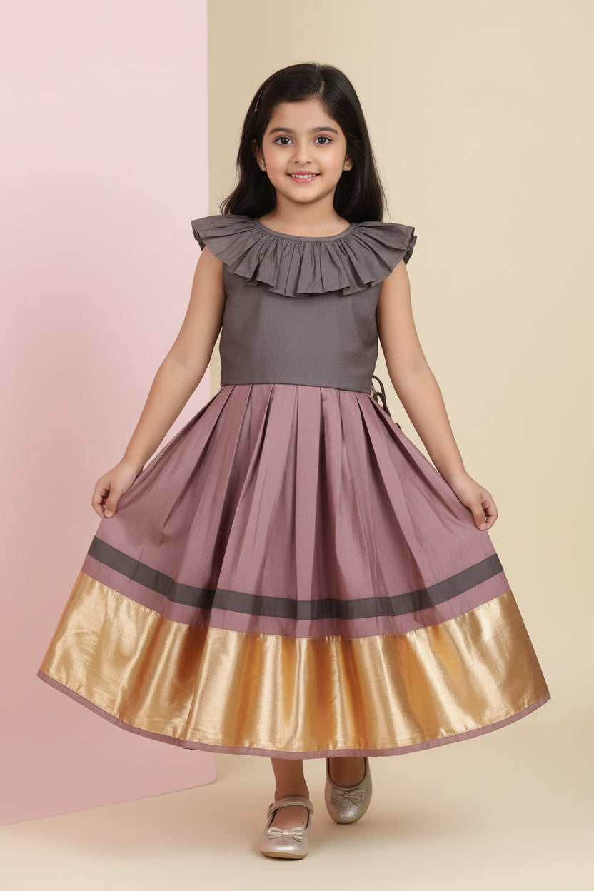 Girls Mauve & Brown Silk Lehenga Set with Cotton Top
