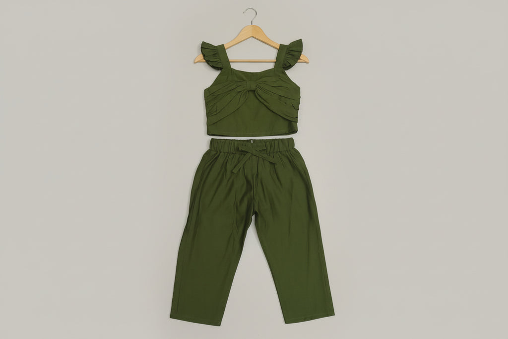 Girls Olive Green Cotton-Viscose Ruffle Strap Co-ord Set