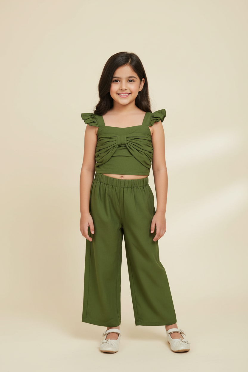 Girls Olive Green Cotton-Viscose Ruffle Strap Co-ord Set