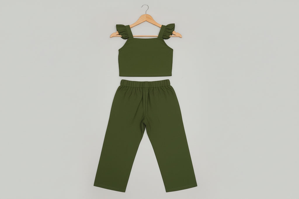 Girls Olive Green Cotton-Viscose Ruffle Strap Co-ord Set