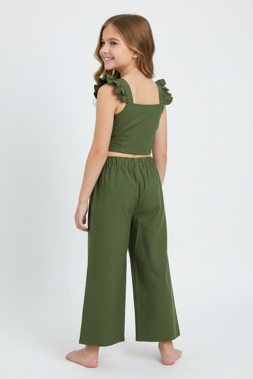 Girls Olive Green Cotton-Viscose Ruffle Strap Co-ord Set