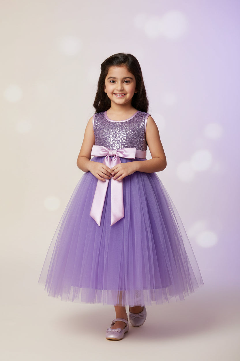 Girls Purple Net & Satin Party Dress with Bow Detail