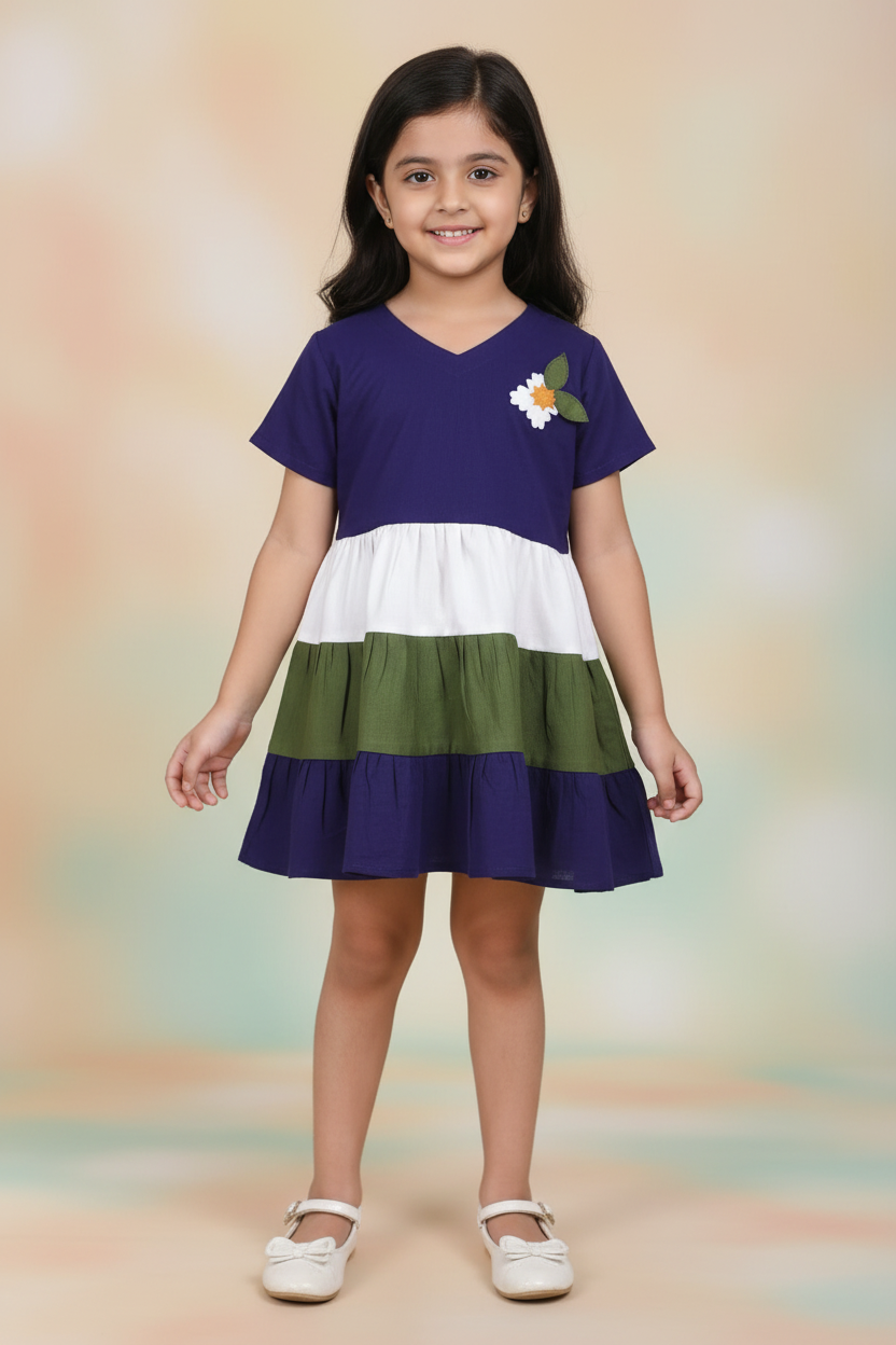 Girls Purple Tiered Cotton Viscose Dress with Floral Applique