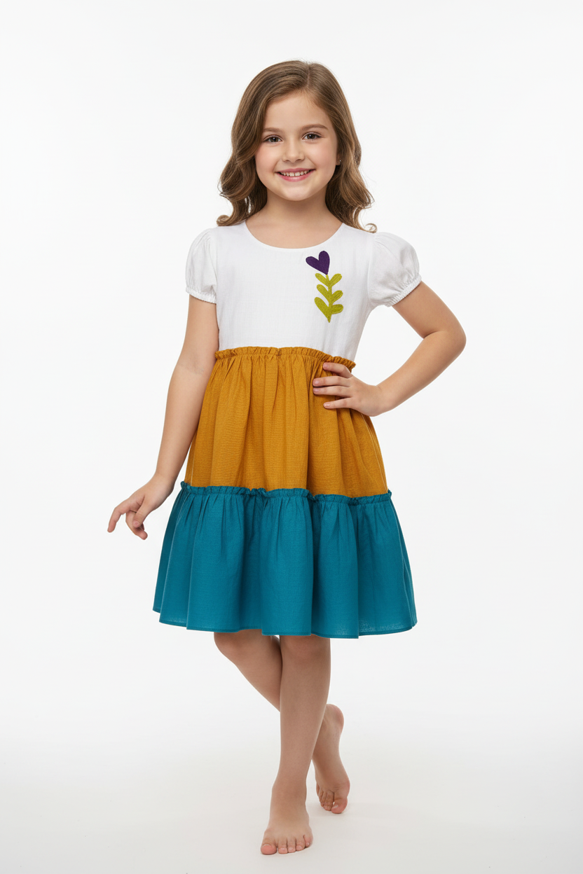 Girls White, Mustard & Teal Cotton Viscose Tiered Dress