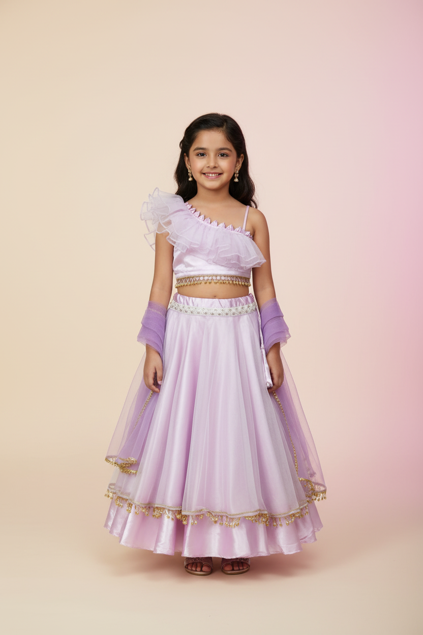 Girls Blush Pink Satin & Organza Lehenga Choli Set