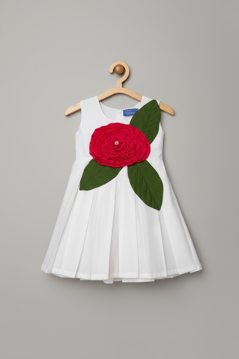 Girls White Cotton Viscose Dress with Floral Applique