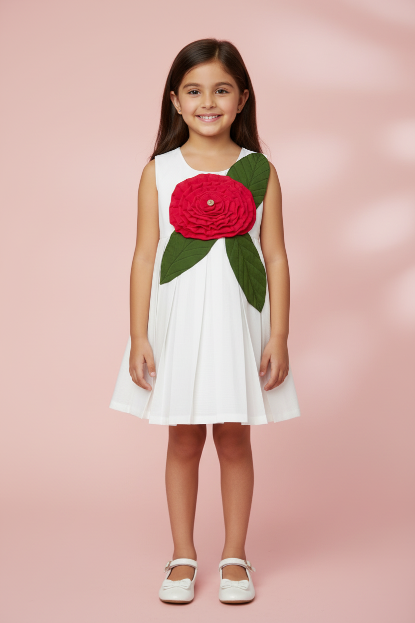 Girls White Cotton Viscose Dress with Floral Applique