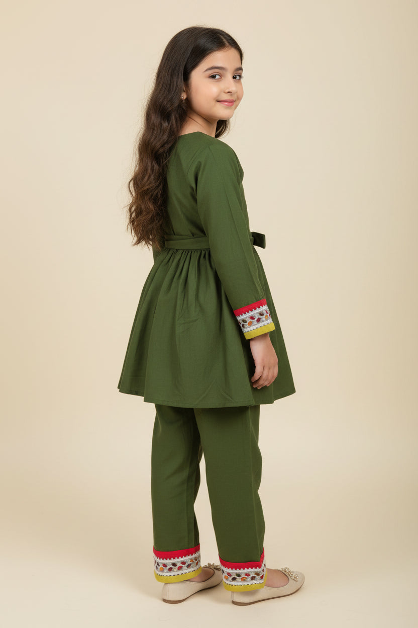 Girls Olive Green Cotton Viscose Kurta Set with Pants