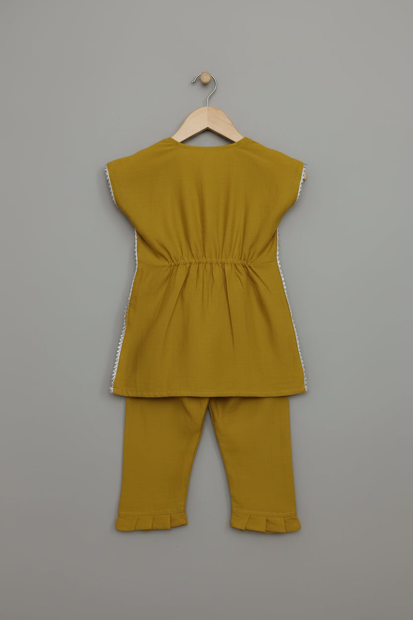 Girls Mustard Yellow Cotton viscose Kurti & Pant Set with Lace Detail
