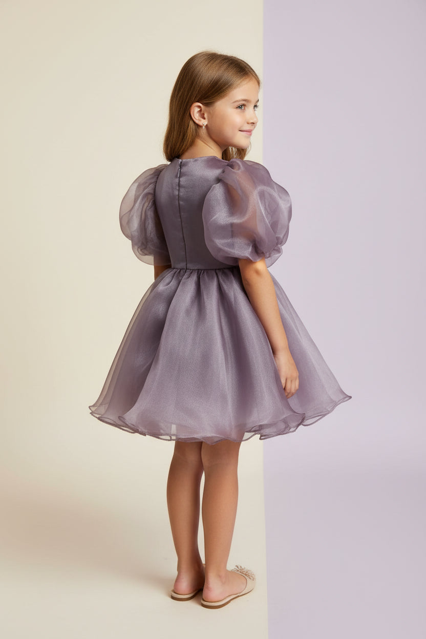 Purple dress with puffed sleeves
