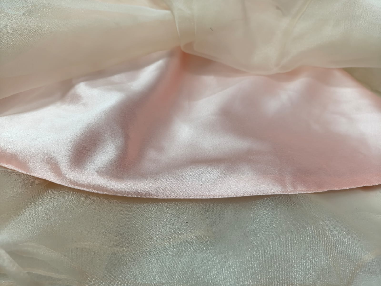 Girls Peach Organza & Satin Party Dress with Puff Sleeves