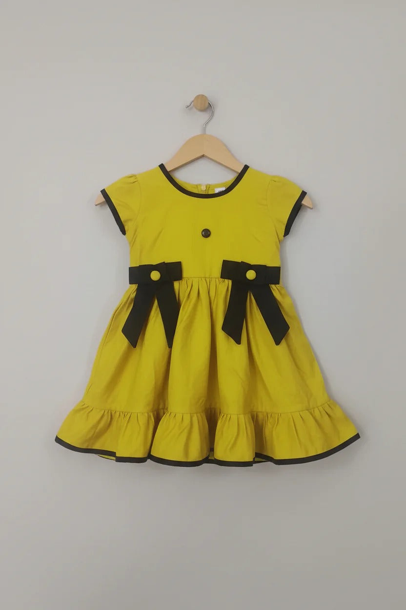 Girls Mustard Yellow Cotton Viscose Fit & Flare Dress with Bow Details