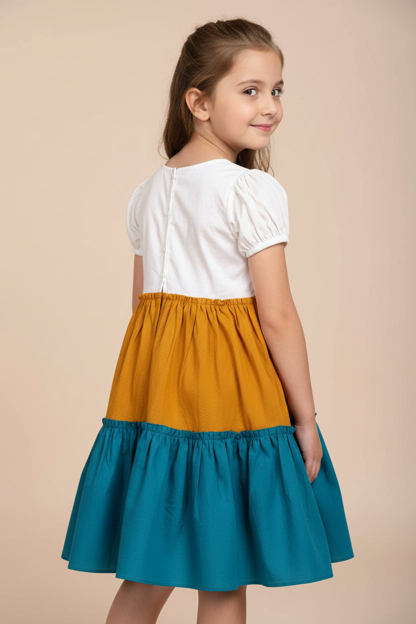 Girls White, Mustard & Teal Cotton Viscose Tiered Dress