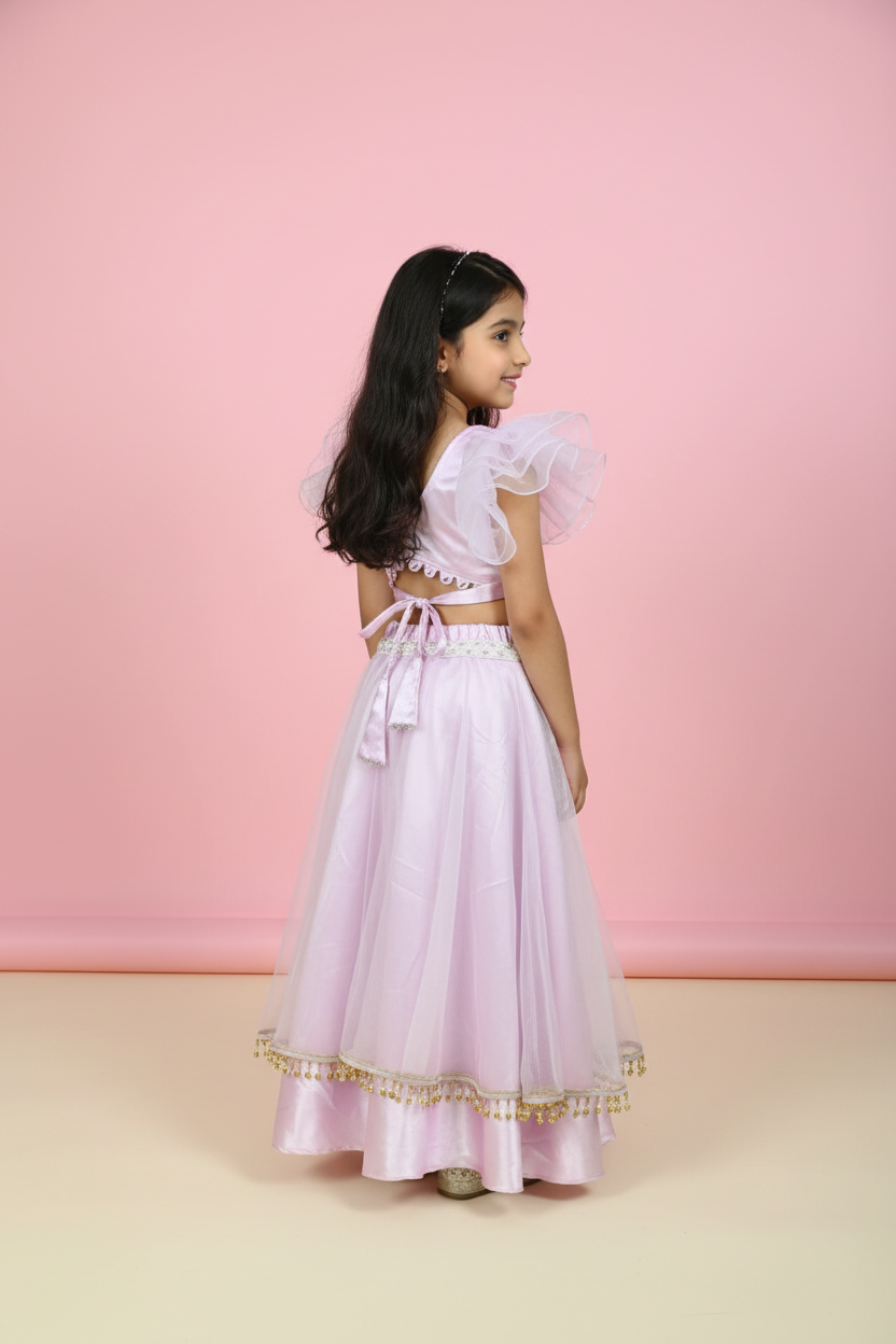 Girls Blush Pink Satin & Organza Lehenga Choli Set