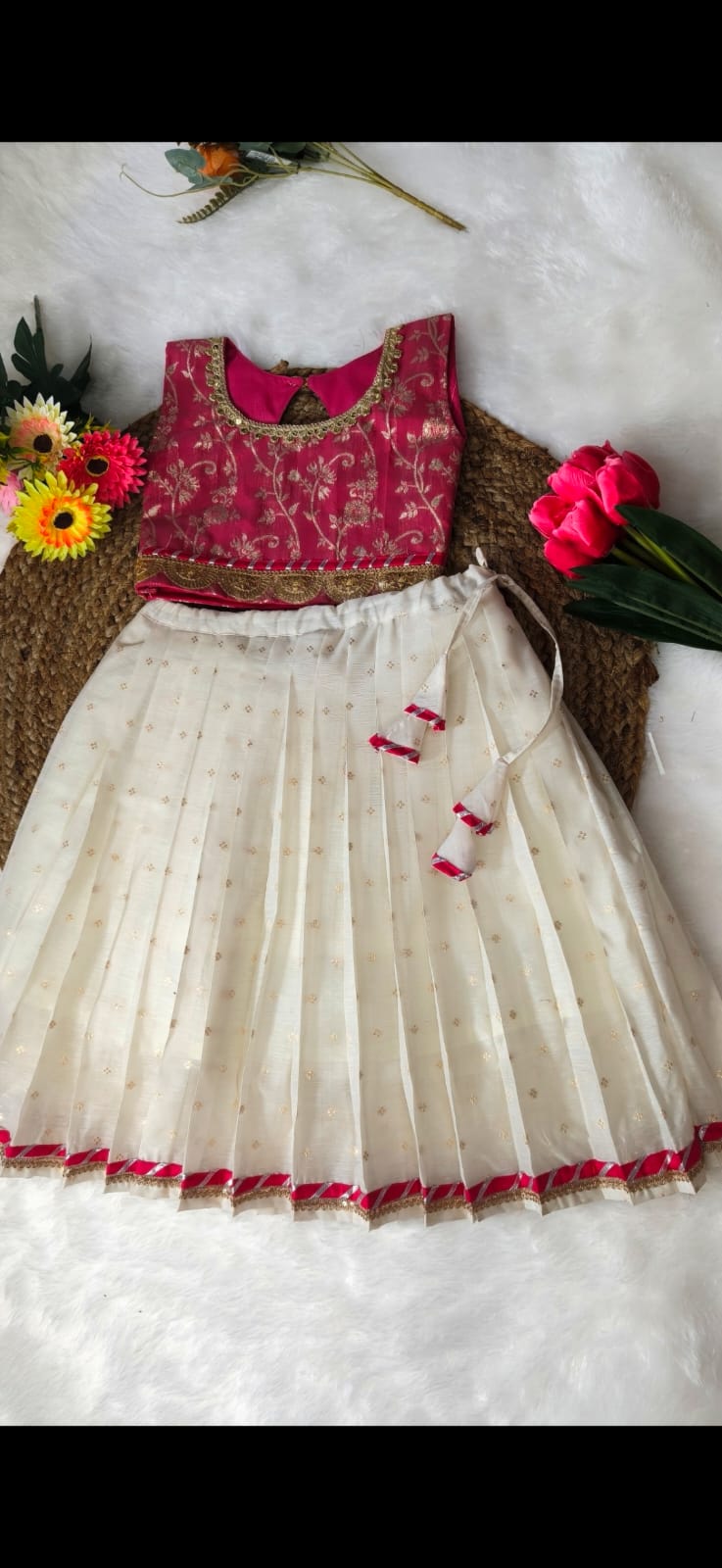 Girls Cream Pink  Festive Lehnga