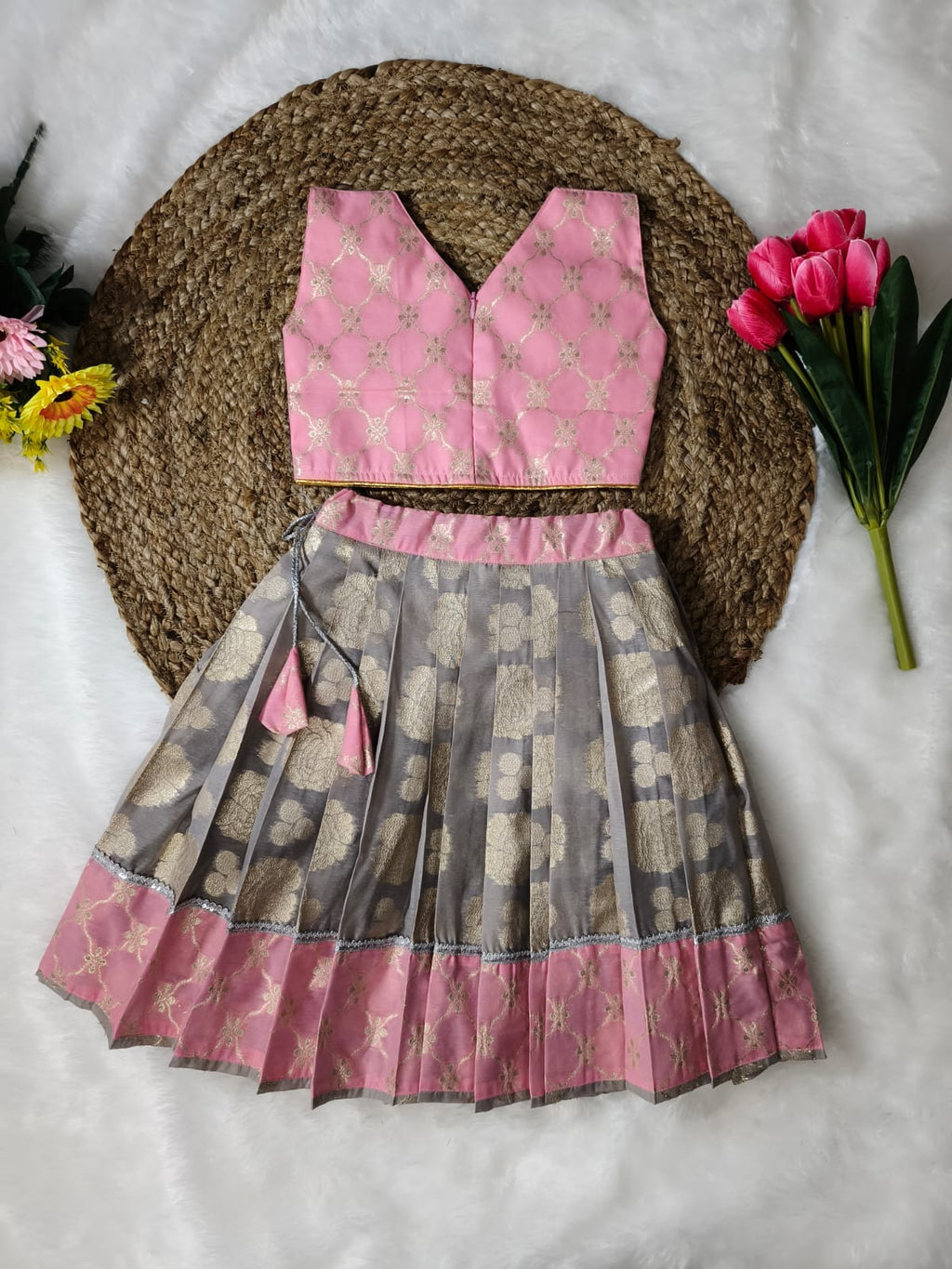 Girls Pink Banarasi Lehenga with Cotton Lining