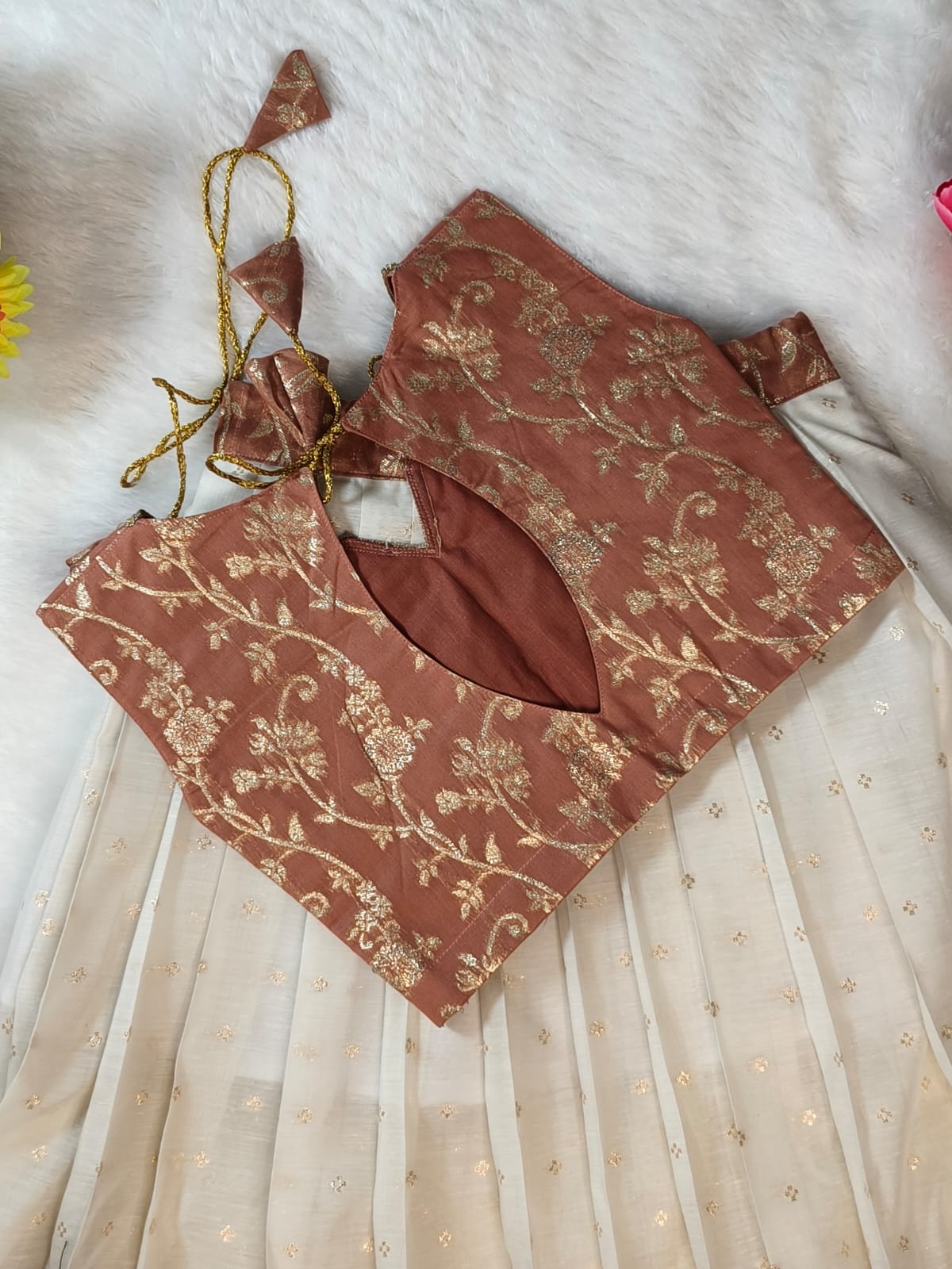 Girls Cream Premium Banarsi Embroidered Baby Lehnga