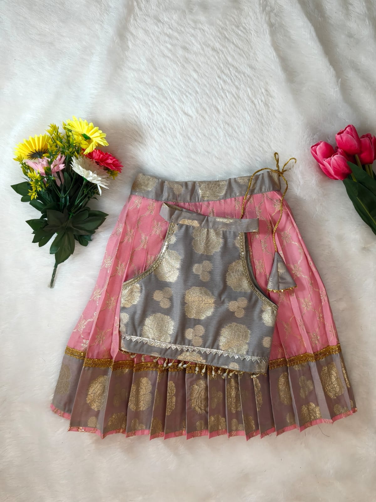 Girls Pink Banarsi Halter Baby Girl Lehnga