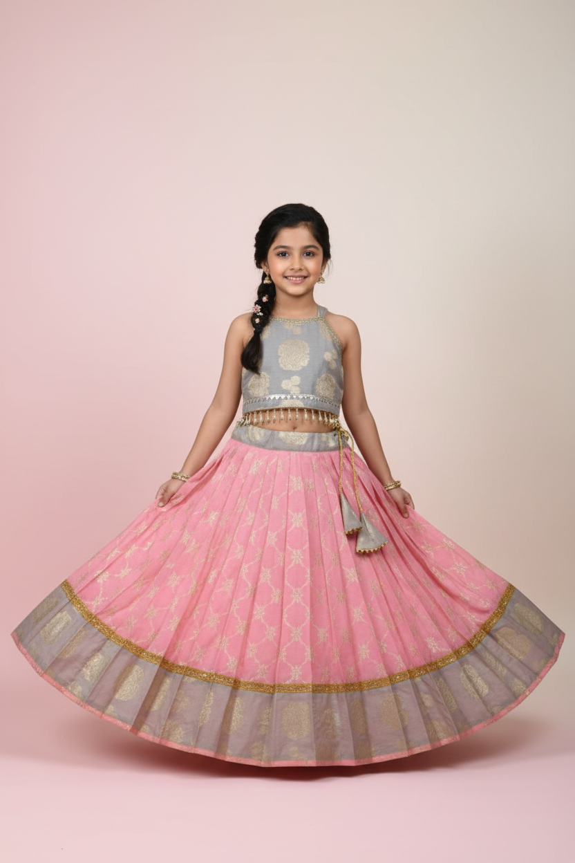 Girls Pink Banarsi Halter Baby Girl Lehnga