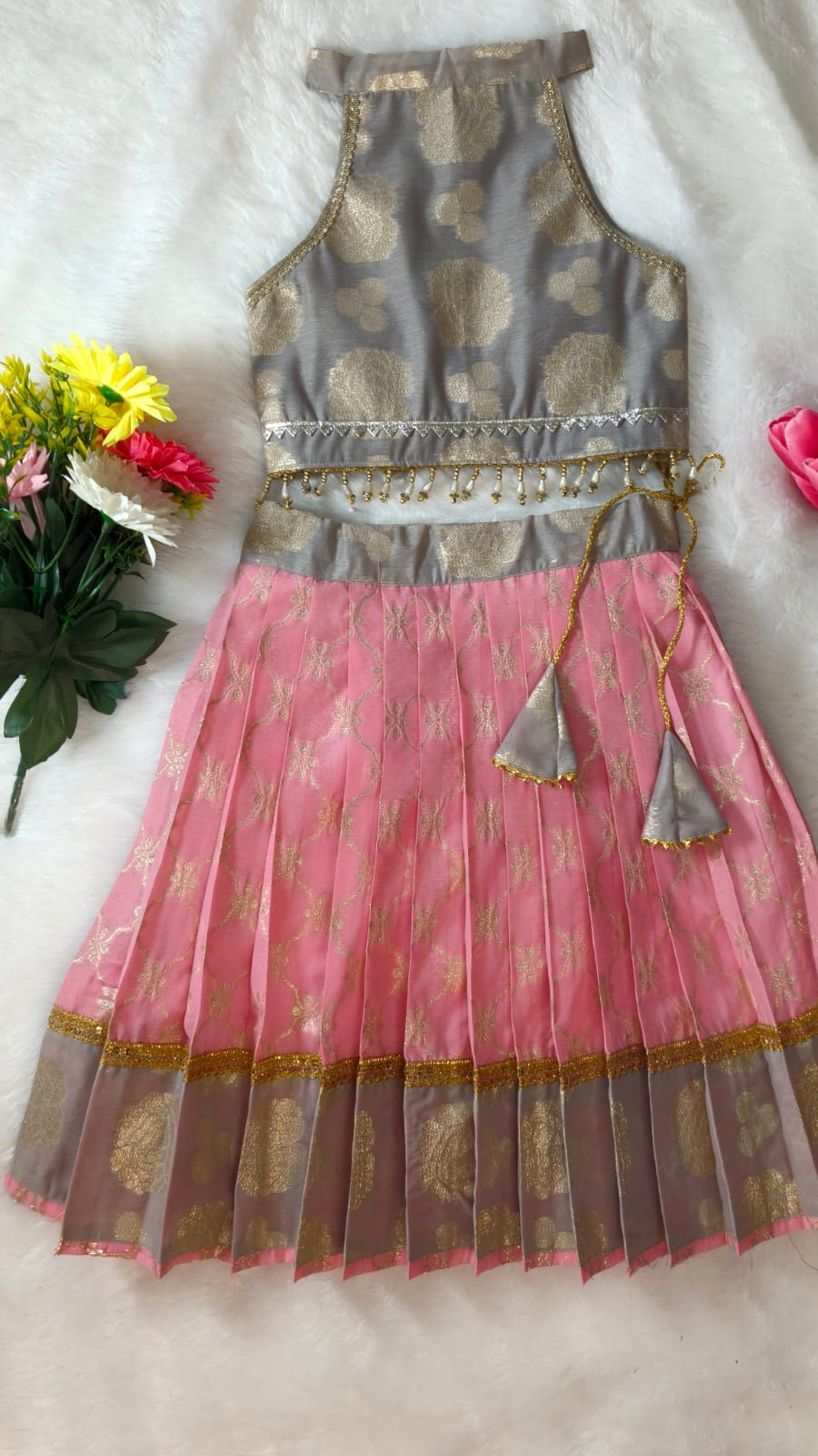 Girls Pink Banarsi Halter Baby Girl Lehnga