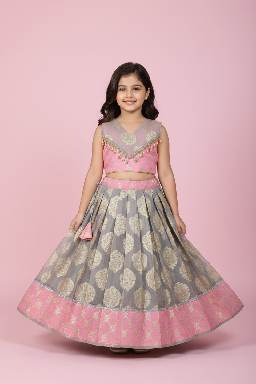 Girls Pink Banarasi Lehenga with Cotton Lining