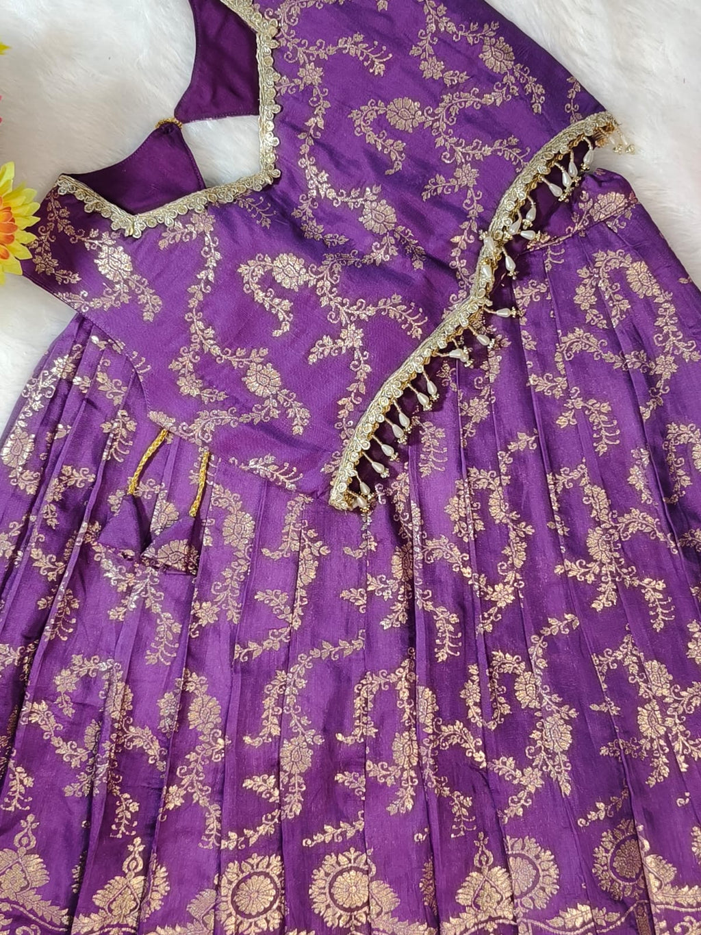 Girl Purple Banarsi Sleeveless Baby Lehnga