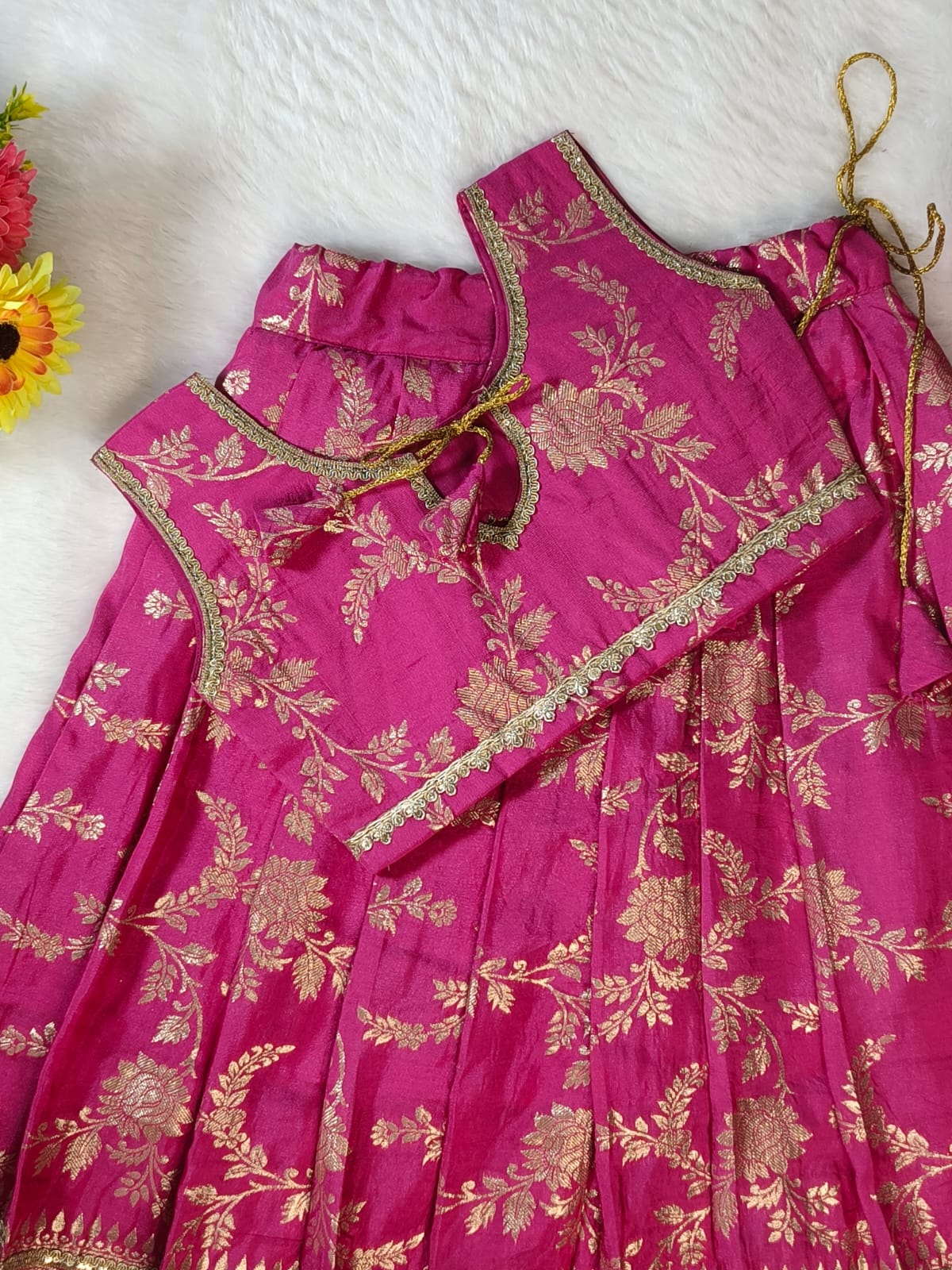 Girls Pink Banarsi  Embroidered Lehnga